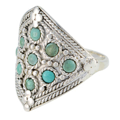 Eva silver turquoise gemstone ring with decorative floral and rope details in triangular shape