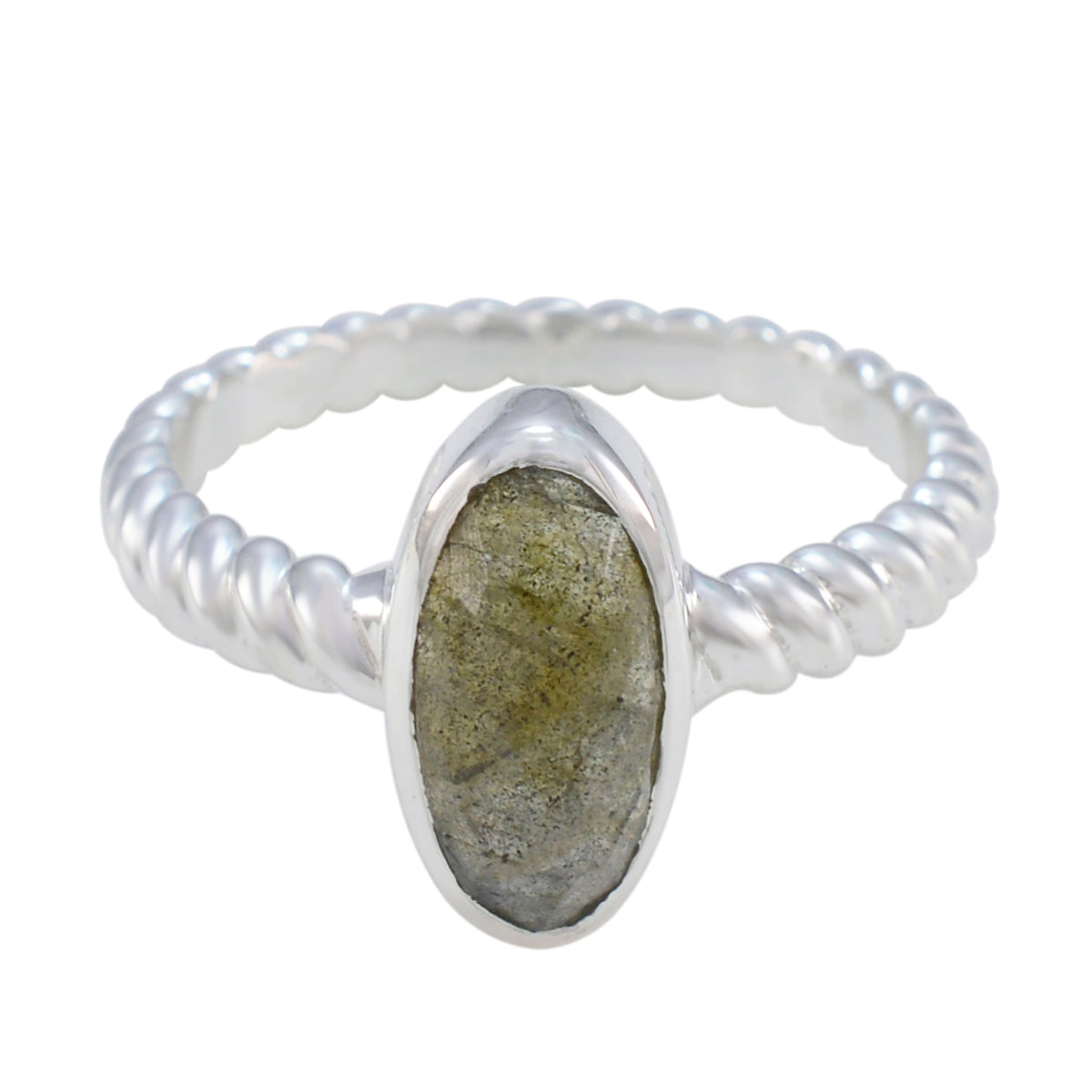 Alina Twist Solitaire Ring with Oval Gemstone Labradorite Gray