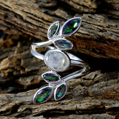 Mathilde unique silver gemstone ring with central moonstone and iridescent green marquise stones leaf design