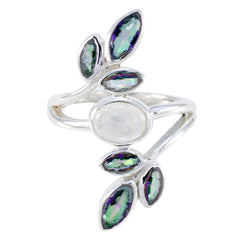 Mathilde unique silver gemstone ring with central oval moonstone and marquise iridescent green stones