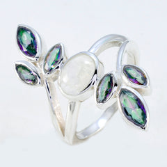 Mathilde unique silver gemstone ring with central moonstone and iridescent marquise accents