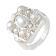 Victorian Navratna ring by Katarina featuring a silver band with multiple white pearls set in a square design