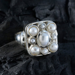 Katarina Victorian Navratna ring with multiple pearls set in silver square design
