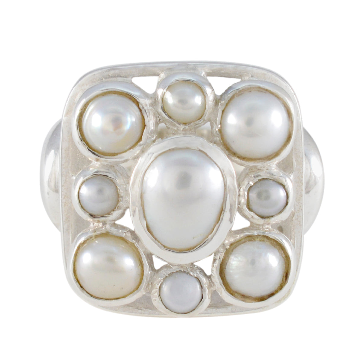 Katarina Victorian Navratna ring featuring multiple white pearls set in silver square design