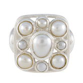 Katarina Victorian Navratna ring featuring multiple white pearls set in silver square design