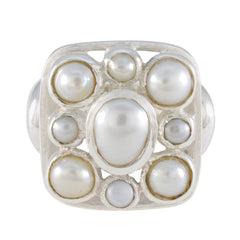 Katarina Victorian Navratna ring featuring multiple white pearls set in silver square design