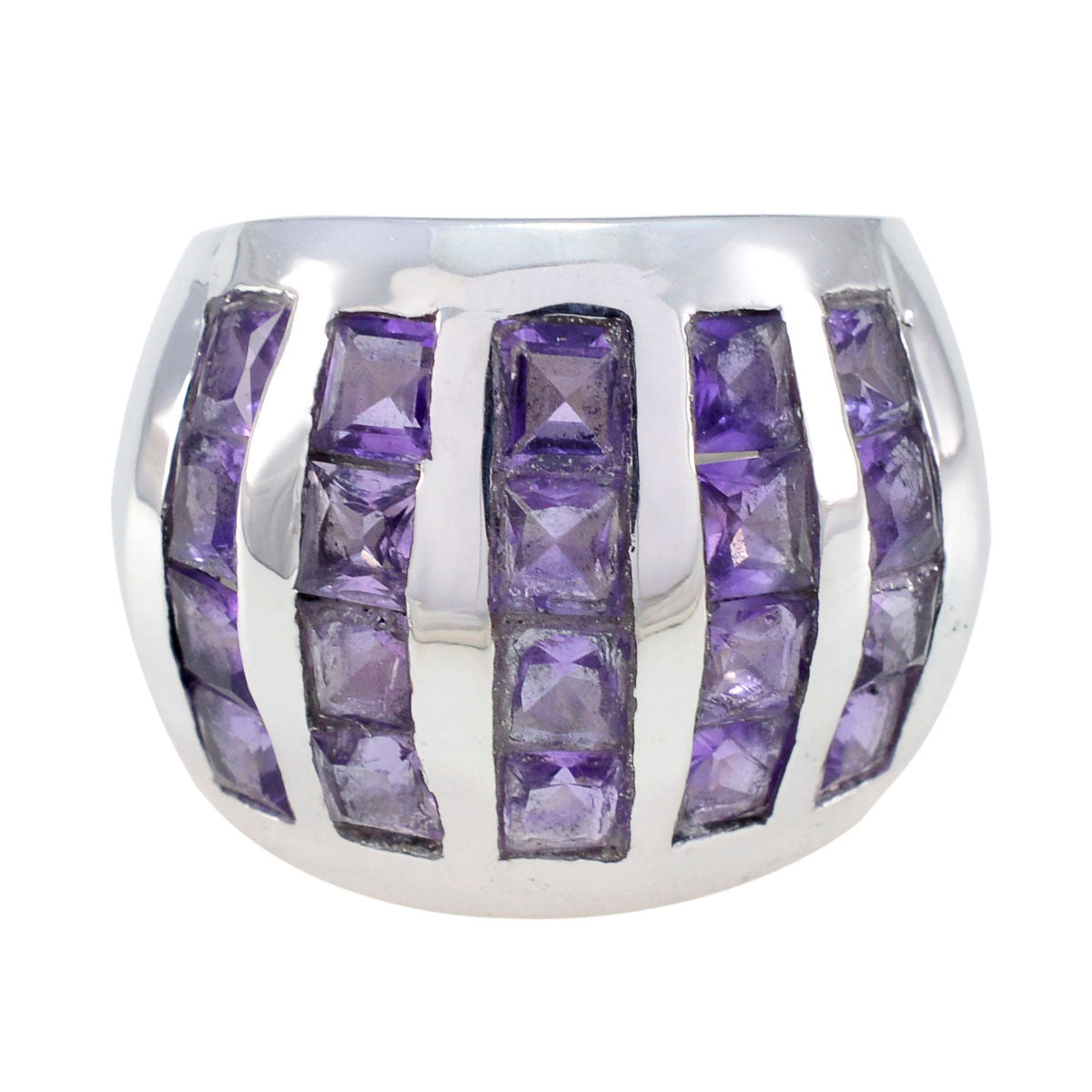 Pauline vintage purple gemstone ring with multiple square-cut purple stones set in silver band