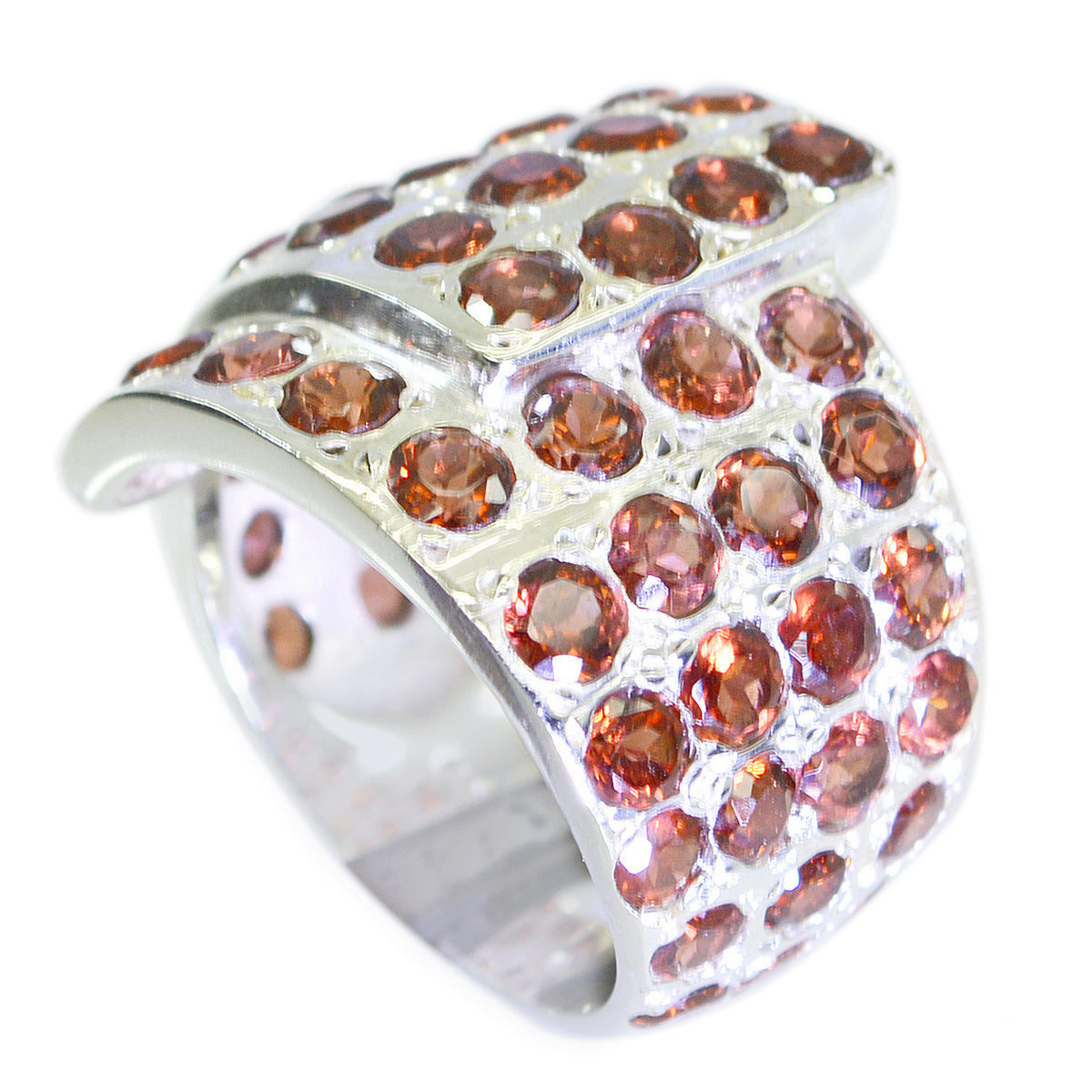 Ida vintage red gemstone ring with multiple red crystals set in a wide silver band