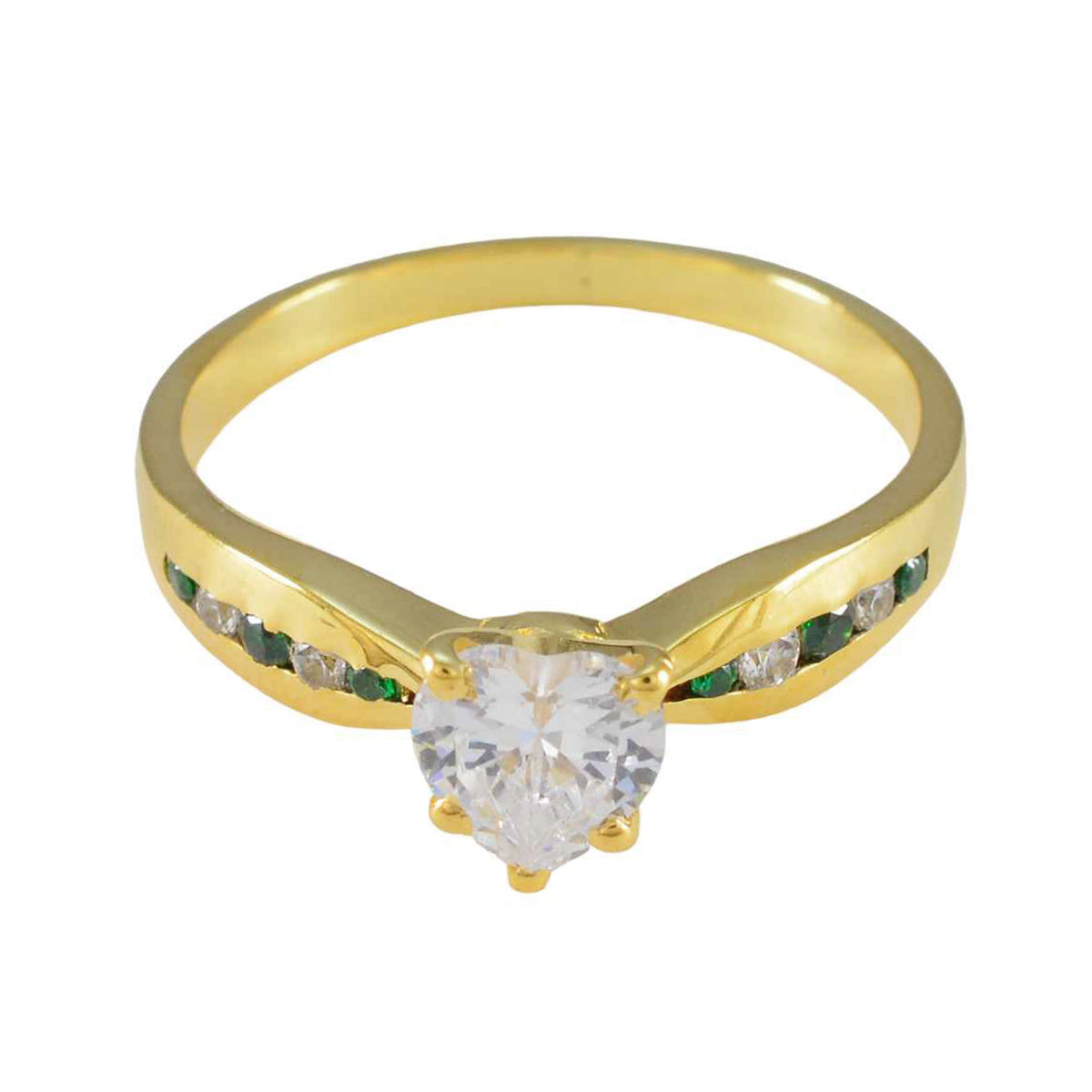 Violet green gemstone wedding ring with gold band and heart-shaped clear center stone