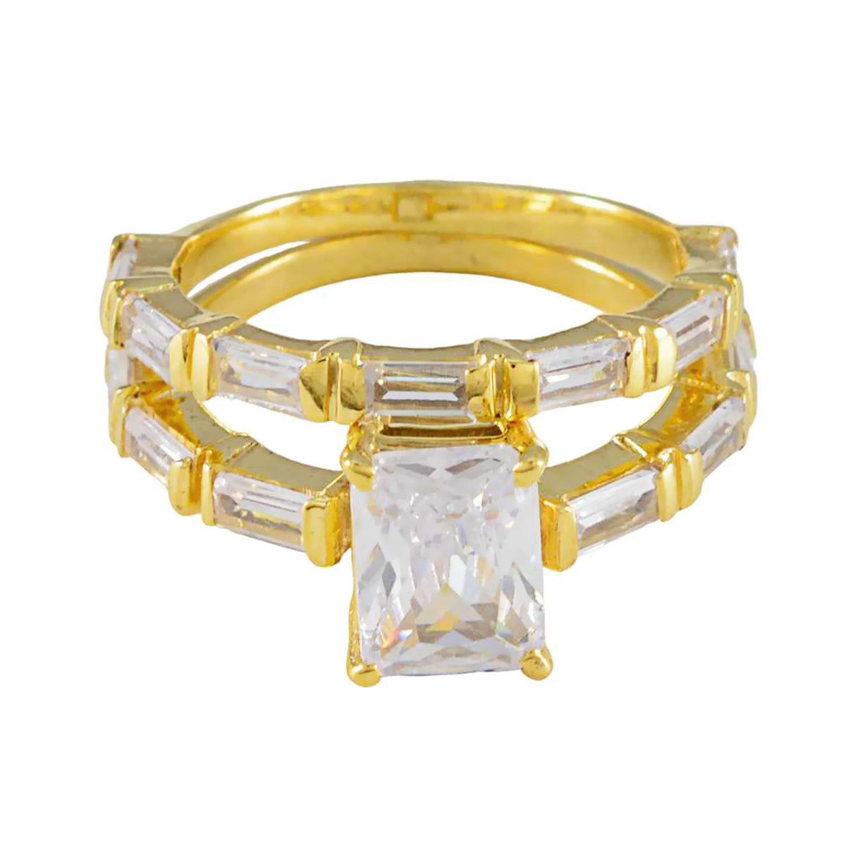Cecilia gold tone white crystal wedding ring set with emerald cut center stone and baguette accents