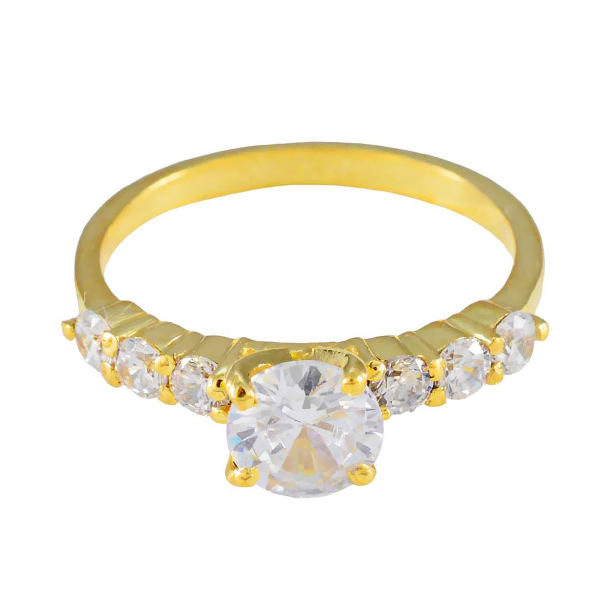Dewi white gemstone gold ring with a large center stone and smaller side stones in gold band