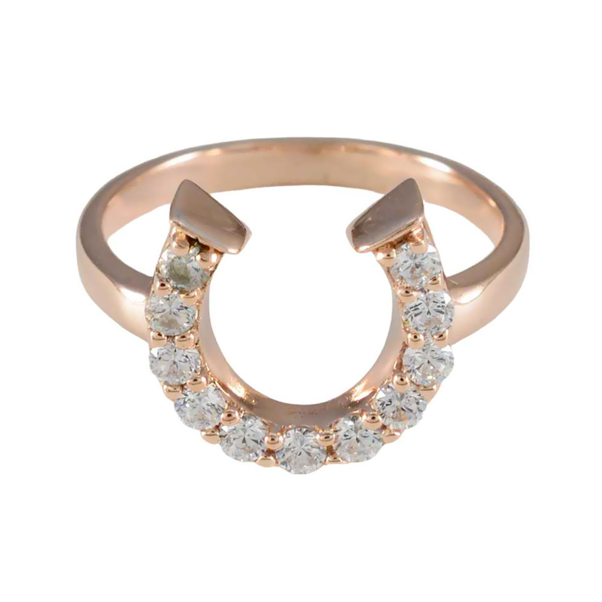 Micaela white gemstone statement ring with rose gold band and sparkling stones in horseshoe shape