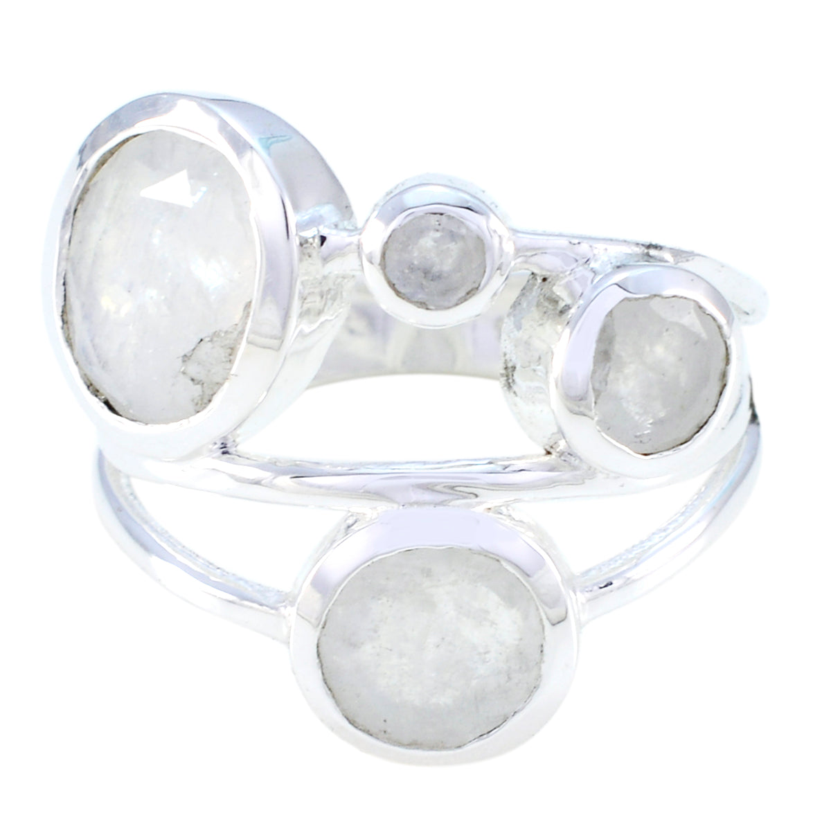 Pilar white gemstone statement ring with four bezel set round stones on polished sterling silver band
