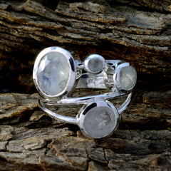 Pilar silver ring featuring bezel set moonstones, a white gemstone statement ring with stacked bands