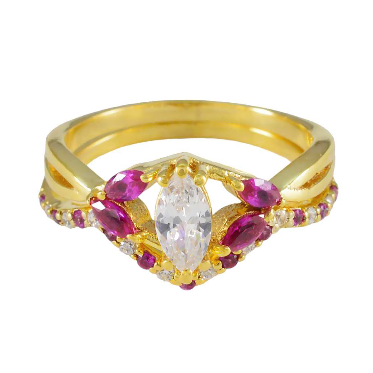 Emi White Halo Ring for Wedding with Ruby Accents White CZ White