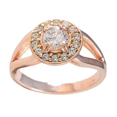 Ivana rose gold white halo ring for women with sparkling round center stone and small diamonds