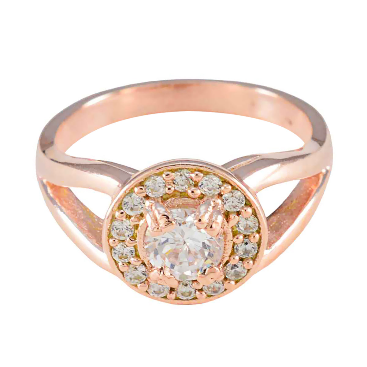 Ivana rose gold white halo ring for women with a central round diamond and surrounding smaller stones