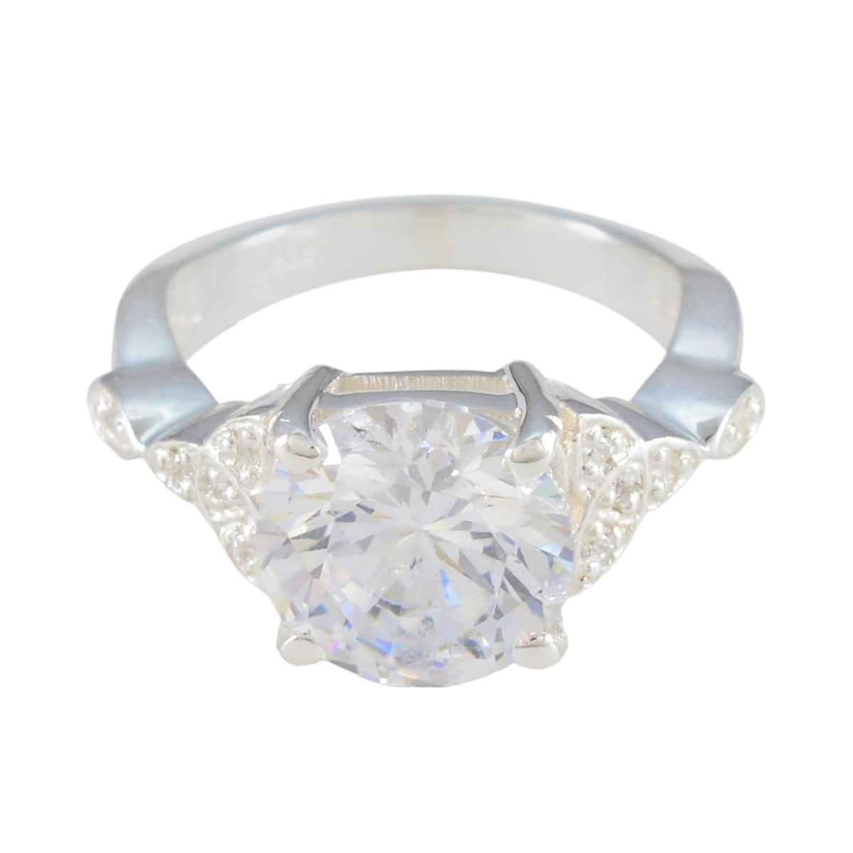 Nova white halo ring for women featuring a large central round gemstone with smaller accent stones