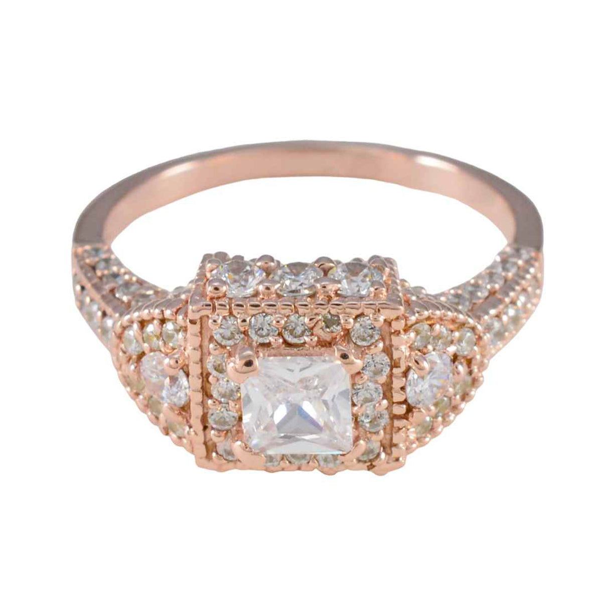 Evelyn White Halo Wedding Ring with Rose Gold Detail White CZ White