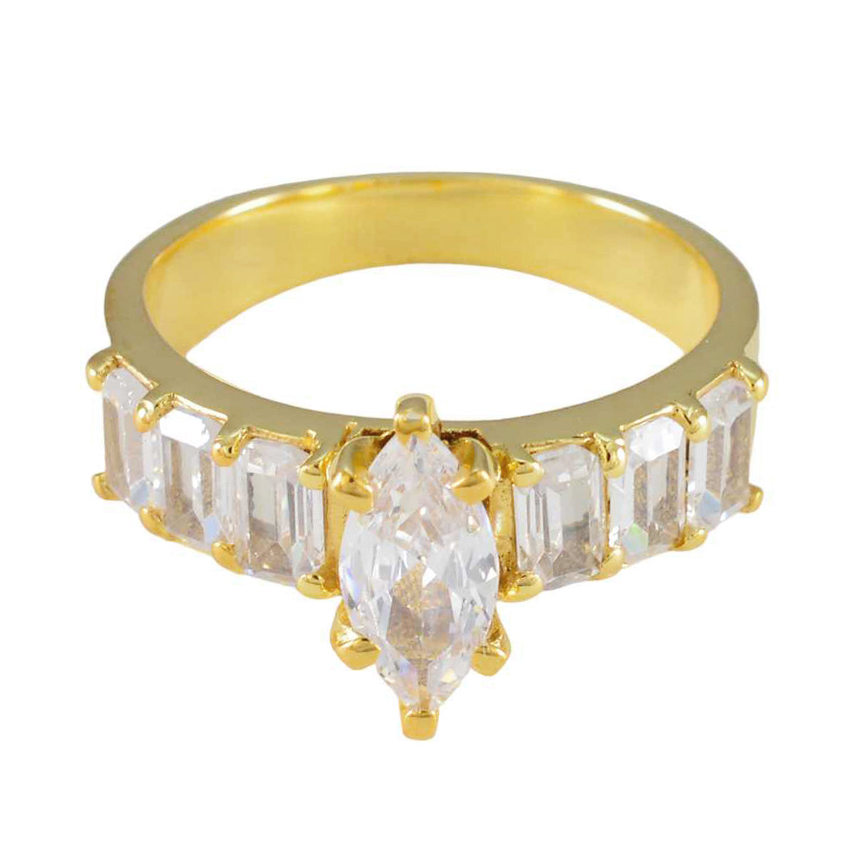 Victoria white hepta engagement ring with gold band and clear rectangular and marquise stones