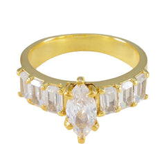 Victoria white hepta engagement ring with gold band and clear rectangular and marquise stones