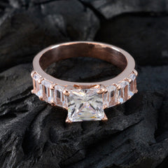 Mei white hepta wedding ring rose gold band with large square center stone and baguette side stones