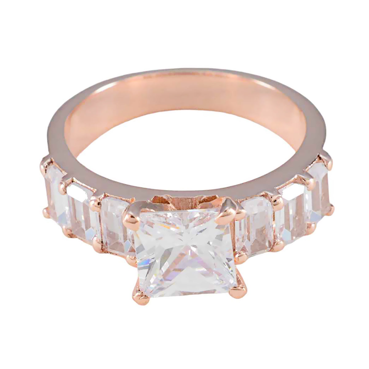 Mei white hepta wedding ring rose gold band with princess cut center stone and rectangular side stones