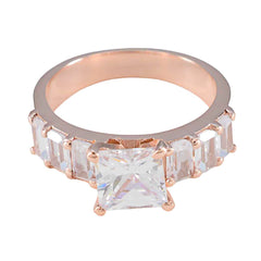 Mei white hepta wedding ring rose gold band with princess cut center stone and rectangular side stones