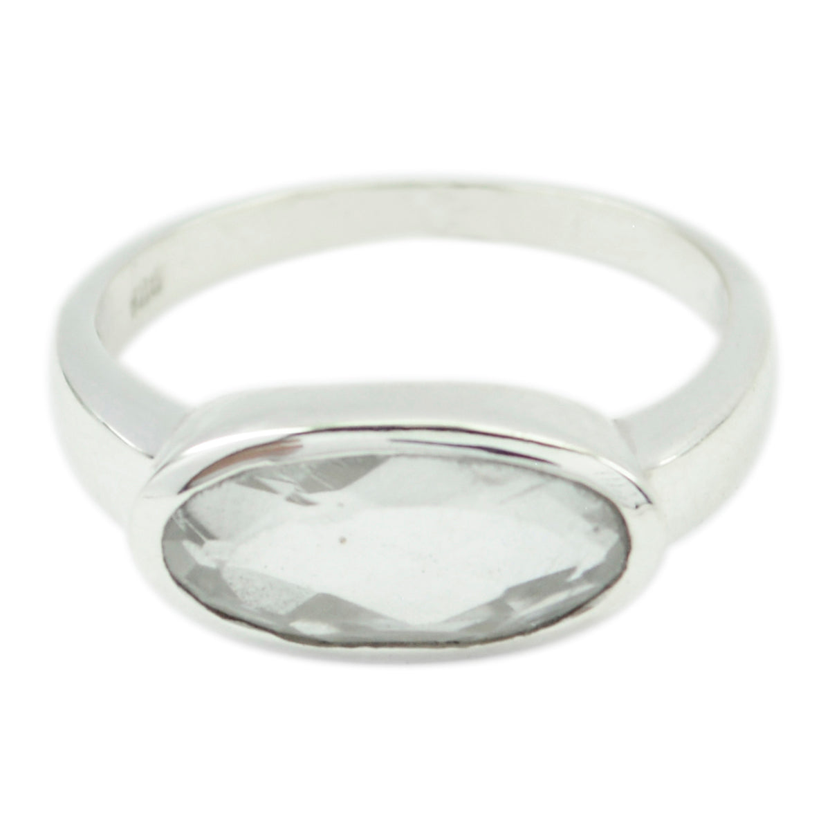 Sophia white solitaire ring for women with an oval clear gemstone set in a polished silver band
