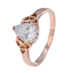 Yasmine white solitaire ring for women with a pear-shaped clear gemstone and rose gold band