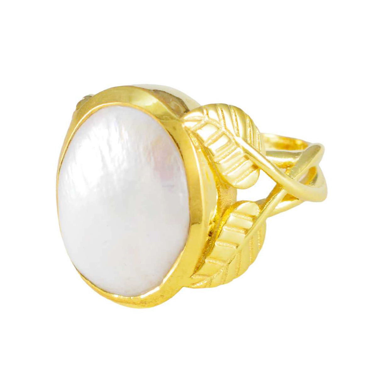 Lucy White Solitaire Ring with Gold Leaf Design Pearl White
