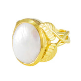 Lucy White Solitaire Ring with Gold Leaf Design Pearl White