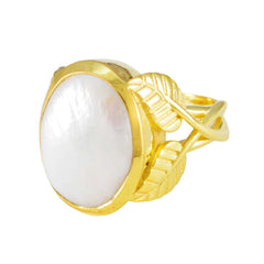 Lucy White Solitaire Ring with Gold Leaf Design Pearl White