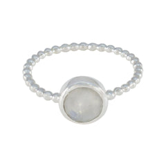 Xiu White Solitaire Ring with Elegant Beaded Band Rainbow Moonstone White