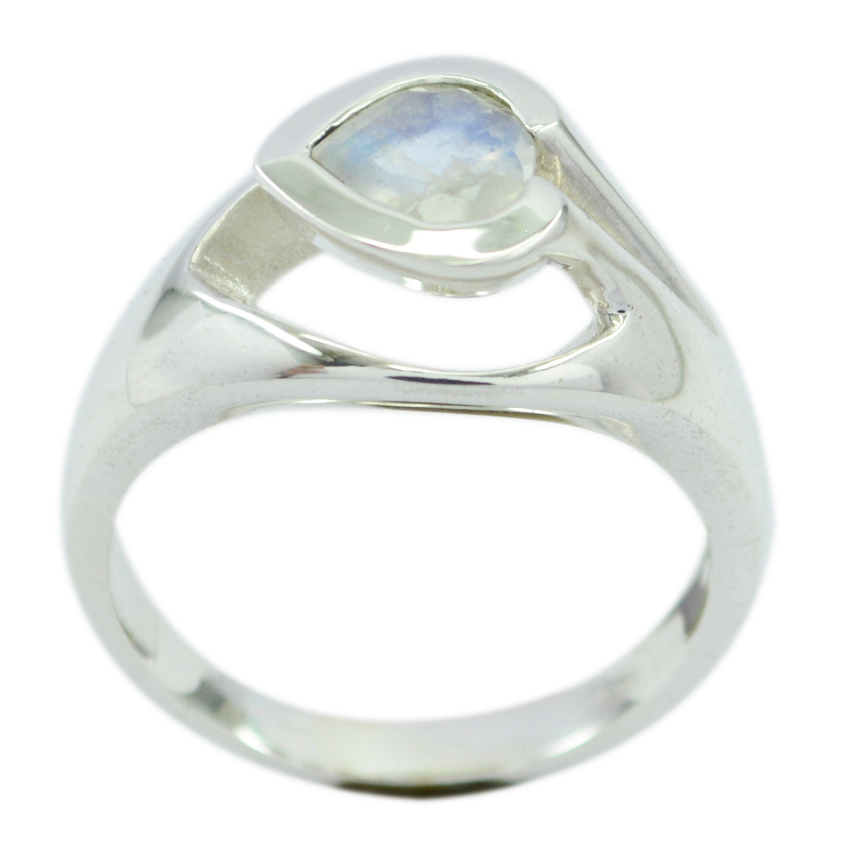 Leah white solitaire ring with a pear-shaped gemstone and polished silver band
