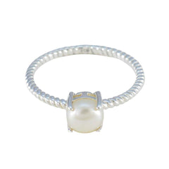 Mei White Solitaire Ring with Elegant Pearl Accent Pearl White