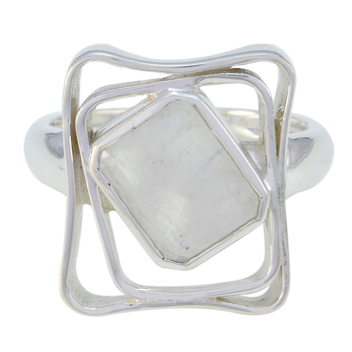 Grace White Solitaire Signet Ring with Geometric Design Rainbow Moonstone White