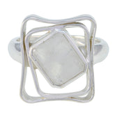 Grace White Solitaire Signet Ring with Geometric Design Rainbow Moonstone White