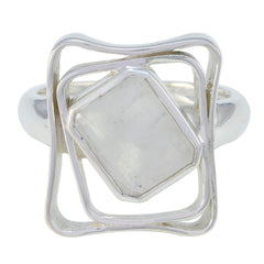 Grace White Solitaire Signet Ring with Geometric Design Rainbow Moonstone White