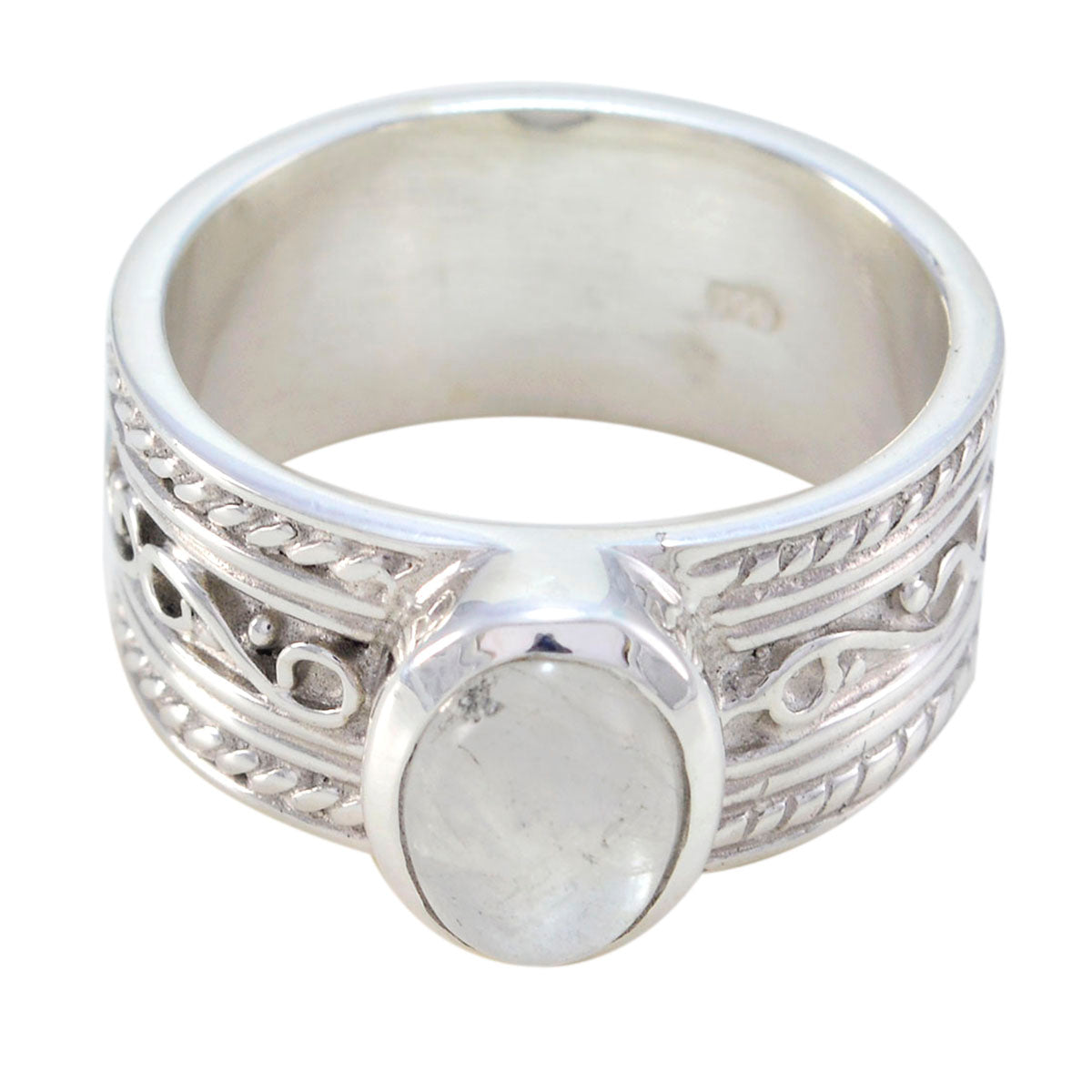 Luna White Solitaire Statement Jewelry Silver Ring Rainbow Moonstone White