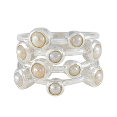 Greta white statement ring for women with multiple pearl accents on silver bands