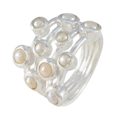 Greta white statement ring for women with multiple pearl accents and silver bands