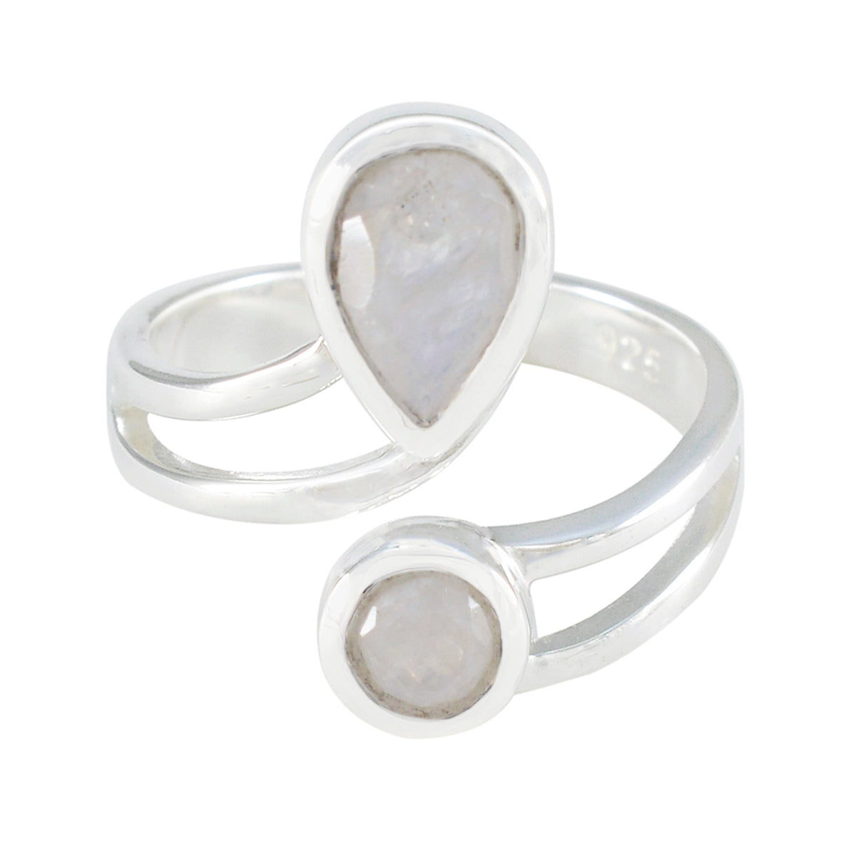 Isabella white toi et moi ring sterling silver open band pear and round moonstone bezel set