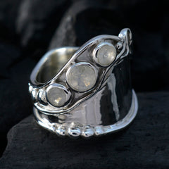 Lily handmade white trilogy ring in sterling silver with three moonstone cabochons on wide band