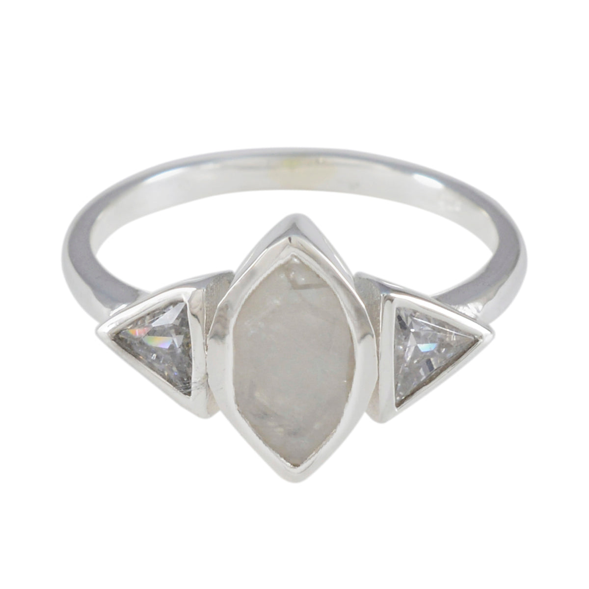 Lucy white trilogy ring featuring a marquise center stone with two triangular side stones in silver band