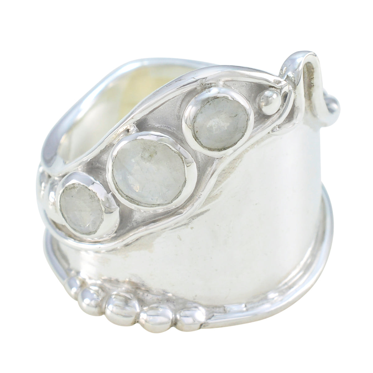Lily white trilogy ring handcrafted wide sterling silver band with three round white cabochon stones