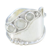 Lily white trilogy ring handcrafted wide sterling silver band with three round white cabochon stones
