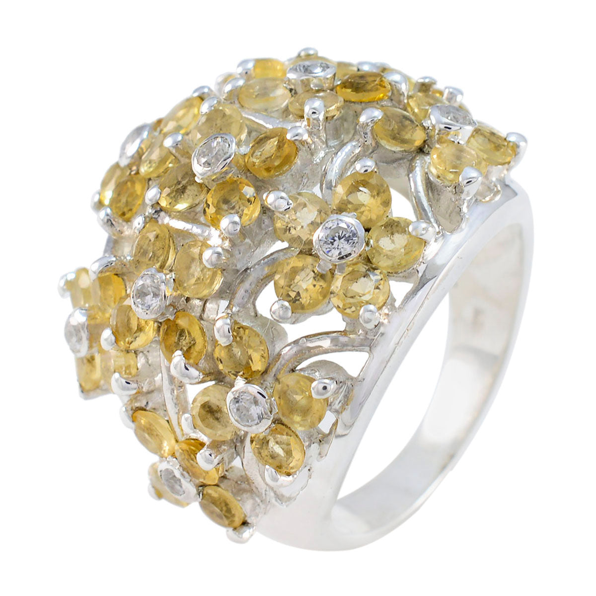 Elena sterling silver ring with clustered floral yellow stones and clear accents yellow floral gemstone ring