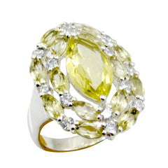 Lourdes yellow gemstone abstract ring with marquise and oval yellow stones and halo of clear accents