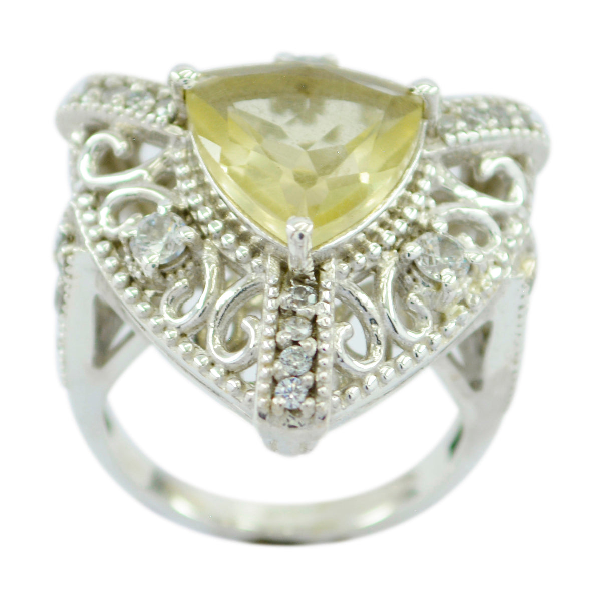 Carolina Yellow Gemstone Halo Ring with Intricate Silver Design Lemon Quartz Yellow